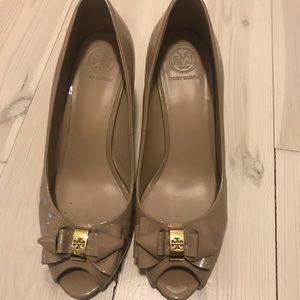 Tory Burch Peep-Toe Vinyl Nude Wedges - Size 8
